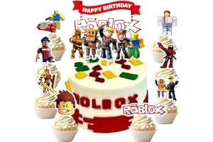 LGUZAKO 9pcs Game Cake Toppers Cake Decorations, 1 Large Happy Birthday Topper 8 Small for Sandbox Game Cupcake Toppers Happy Birthday Cake Decorations for Sandbox Kids (Red)