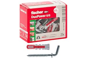 Fischer 541746 Tassello con Gancio Corto Duopower, Grigio/Rosso, 25 Pezzi