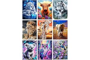 GJSZZO 9 Pack Diamond Painting Kits for Adults, Animal Diamond Art Kits for Beginners, 5D DIY Full Drill Lion Tiger Owl Wolf Diamond Arts Kits for Home Wall Decor Gifts 12x16 Inch
