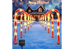 Lewondr 15" Solar Christmas Candy Cane Lights Outdoor, Pathway Stake Lights with 2 Modes, 108 LED Beads, Waterproof Outside Xmas Decorations with Star Decor Lights for Yard Garden Holiday, 12 Pack