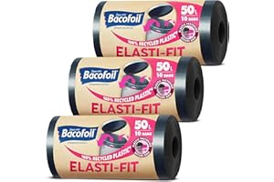 Bacofoil Elasti-Fit Bin Liners - 50L Recycled bin bags, 3 Rolls (30 Bags) - Leak-Proof, Elastic Fastening for Secure Fit - Made from 100% Recycled Plastic - Eco-Friendly Waste Disposal.