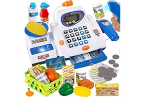 HERSITY Childs Till Cash Register for Kids with Scanner Play Money, Check Out Till Shopping Cashier Toys, Supermarket Games for Children Toddler Boys Girls age 3 4 5