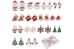 SUNNYCLUE 1 Box 28 Pcs 14 Style Enamel Christmas Charms Christmas Tree Charms Bulk Candy Cane Charms for Jewelry Making Christmas Glove Hat Rhinestone Socks Wreath Snowflake Earrings Making Decor