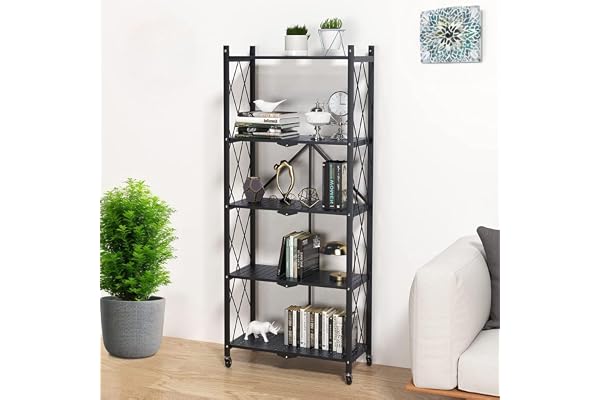 TNT THE NEXT TREND Bigkart Pre-Assembled Foldable Metal Rack for Storage with Wheels Space-Saving Kitchen Storage Rack, Bookshelf,Brown