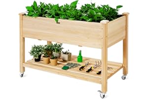 ‎GOPLUS GOPLUS Hochbeet mit Rollen, Gartenbeet mit Ablage & Abflusslöcher, Pflanzbeet aus Tannenholz für Garten & Terrasse, Natur (mit Rollen, 120x59x84 cm)