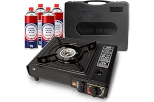 BESCH Hornillo de Gas Portátil para Acampada con Maletín + 4 Cartucho de Gas Butano - Protección contra Sobrecaletamiento Compatible con Cartuchos y Bombona de Gas