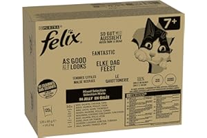 FELIX Tak dobrze jak wygląda mokra karma dla kotów Senior w galaretce, mieszanka odmian, opakowanie 120 sztuk (120 x 85 g) wołowina, łosoś, kurczak, tuńczyk