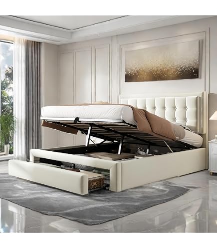 Lit Coffre Capitonné DALIA 160x200 Cm - Avec Sommier, Matelas H3 Et Surmatelas - Rangement Intégré - Velours Crème