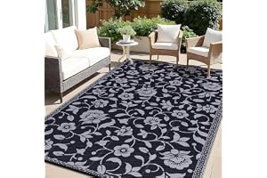 smiry Utomhusmatta Vattentät Stor Trädgårdsmatta UV-beständig Utomhus Uteplatsmatta Vändbar Plasthalmmatta för Balkong, Camping, Picknick, Bakgård – 270 x 360 cm, Svart & Grå – Blomma