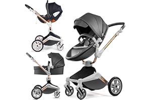 Hot Mom F023-Passeggino 3 in 1, rotazione a 360° passeggino trio per bambini,Portabicchieri/Zanzariera/copripioggia/Pneumatici grandi(Darkgray3in1)