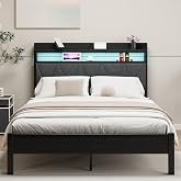 HAHRIR 120x200cm Bed Frame with Wooden Upholstered Headboard with Two Shelves, Charging Base, LED Lights, Sturdy Metal Bed Fr