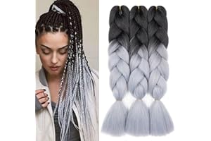 Dcbaboo Rajout Cheveux Tresses Meches pour Tresses Africaine Jumbo Braids Meches Extension de Cheveux Tresse 3 packs Mèche Cheveux pour Tresse Africaine Ombre Tressés Synthétique, Noir & Gris Argenté