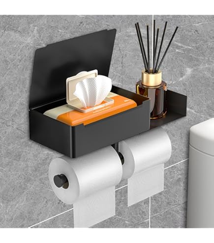Toiletpapierhouder Zonder Boren, Wc-papierhouder Met Plank Zelfklevende Wandmontage Aluminium Dubbele Toiletrolhouder Wc Papierhouder Papierrolhouder Voor Badkamer 31 Cm Grijs