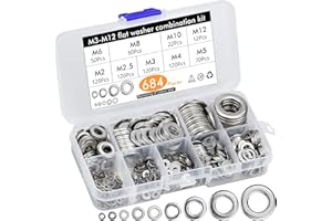 GLORHA 684 Stück Flach Unterlegscheiben, Beilagscheiben 9 Größen M2 M2.5 M3 M4 M5 M6 M8 M10 M12 Edelstahl Unterlegscheiben Sortiment Set mit Aufbewahrungsbox