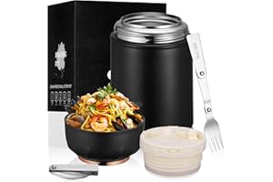 TranRantic Térmico para Comida Caliente, 500ML Acero Inoxidable Contenedor Térmico de Doble Pared, Matraz de Sopa Termo con Tenedor y Cuchara Plegables, Tarro de Comida para Comidas Calientes(Negro)