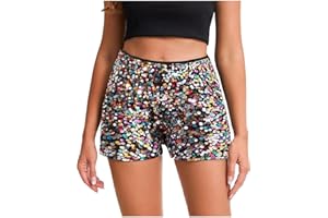 MJIQING Damen Shorts Pailletten Kurz Hose Glitzer Hohe Taille Shorts mit Kordelzug Frauen Metallic Hotpants Pailletten Shorts Festivals Outfits Glänzend Kurze Hose Sexy Hotpants für Partys