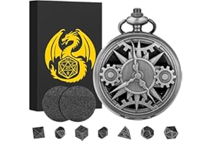 KELLER & WEBER Mini Set di Dadi DND, con Ingranaggio Cavo per Orologio da Tasca Steampunk, Set di Dadi D&D in Metallo Poliedrico da 7 pezzi, Regali di DND con Scatola, Accessori per Giochi da Tavolo, Argento Scuro