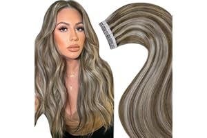 LaaVoo Extensiones de Cabello Natural Adhesivas Resaltar Marrón Claro Mezclado Rubio Platino Extensiones Adhesivas Naturales Humano 20piezas/50g Extensiones Adhesivas Pelo 22Pulgadas/55cm #P8/24