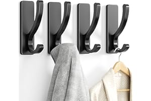 PICKPIFF Adhesive Wall Hooks for Towels Coats - Stick On Hooks Hanging Heavy Duty (13lb), Metal Hook for Door, Bathroom, Dorm, Closet - Hanger for Purse, Bag, Robe,Backpack - No Damage to Wall -Black 4 Pack