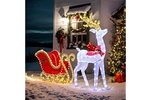 Bonnlo 5FT Christmas Reindeer and Sleigh Lights Decor, Pri Lit Outdoor Christmas Decorations, Warm White Lights, Sparkling Mesh Fabric, Xmas Decor for Yard Garden