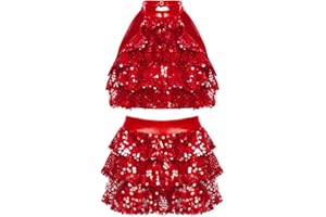 TiaoBug Vestido Lentejuelas de Danza para Niña Maillot Elástico de Patinaje Artístico Vestidos de Baile de Salón Danza Contemporáneo Jazz Vestido Brillante
