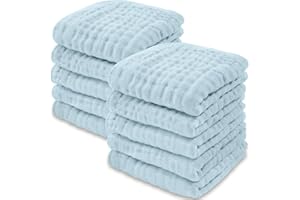 COMFY CUBS Baby Washcloths, Muslin Cotton Baby Towels, Large 10”x10” Wash Cloths Soft on Sensitive Skin, Absorbent for Boys & Girls, Newborn Baby & Toddlers Essentials Shower Registry Gift (Sky Blue, Pack Of 10)