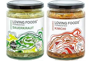 Loving Foods Award-Winning *Organic & Made in the UK* Sauerkraut & Kimchi (2 x 475g) Raw, Unpasteurised & Bursting with Beneficial Live Bacteria (2 x Jars)