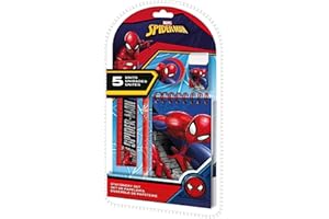 SRV HUB Set di cancelleria per la scuola di Spiderman, 5 pezzi, per bambini, quaderno A5, gomma, matita, righello, temperamatite, regali Marvel per ragazzi dai 3 anni in su