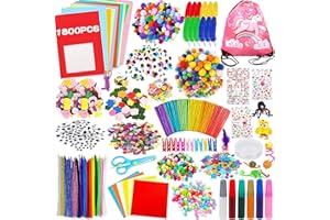 Tonsooze Bastelset Kinder 1800+Pcs Kunst und DIY Handwerk für Kinder, Bastelzubehör Scrapbooking Bastelset Glitter Pompons,Federn,Knöpfe, Pailletten,Pfeifenreiniger,Perlen,Geschenk für Kinder