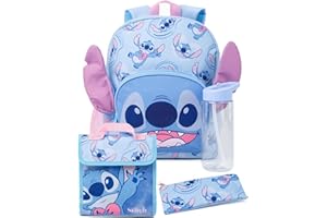 Disney Lilo and Stitch 4 pièces Sac à Dos Filles | Kids Boys Alien Character 3D Ears Rucksack Lunch Bag Pencil Case and Water Bottle | Cadeaux de Sac de Retour à l’école