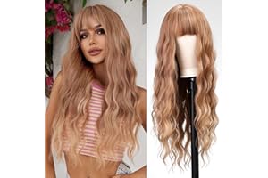 WOKESTAR Long Wavy Ombre Brown Wigs for Women, Heat Resistant Natural Hair with Fringe