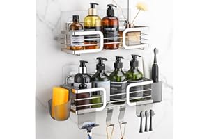 ALOCEO Shower Caddy no Drill 2-Pack, Bathroom Shower Shelf with 6 Hooks, Rustproof Stainless Steel Bathroom Accessory Shower Organiser, Sliver