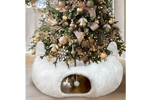 Fayavoo White Cat Tunnel Bed Under Christmas Tree, Fluffy Plush Cat Tunnel Christmas Tree Skirt, Collapsible Peekaboo Donut Cave with Washable Mat and Hanging Ball for Indoor Small Animals