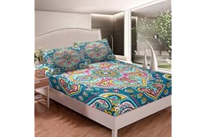 Loussiesd Boho Mandala Bedding Set Bohemian Style Fitted Sheet For Kids Children Teens Colorful Hippie Mandala Bed Sheet Set Exotic Floral Bed Cover Bedroom Decor 3Pcs King Size