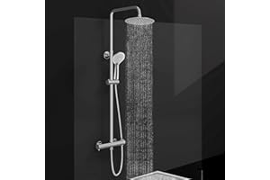 Acezanble Thermostatic Shower Mixer Set Chrome, Round 38 °C Thermostat Shower System with 20cm Rainfall Shower Head, Handheld Shower, Anti Scald Shower Mixer Bar Kit, Adjustable Height