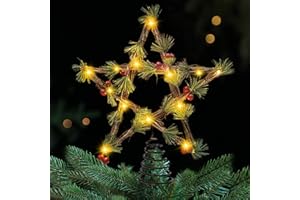 23GUANYI Estrella Arbol de Navidad con 20 Luces LED, Estrella para Arbol de Navidad, Decoración Árbol Estrella para Interior Oficina Festivo Xmas Año Nuevo Decoraciones del árbol Vacaciones (Ratán con Flores)