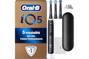 Oral-B Spazzolino Elettrico Ricaricabile iO 5 Nero, 1 Spazzolino Elettrico Oral B, 3 Testine di Ricambio, Custodia Da Viaggio, Pulizia Denti Efficace