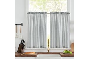 TOPICK Blue Striped Kitchen Curtains 36 Inch Drop Small Cafe Curtains Light Filtering Short Tier Curtain for Bathroom Cupboard Baset Sink Basement Half Window Rod Pocket 2 Panels