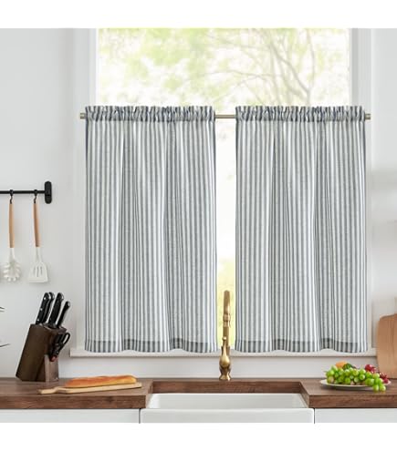 TOPICK Gordijnen voor keuken, kort, linnen, gestreept, grijs op beige, 65 x 60 cm (b x h), transparant, semi-transparant, voor woonkamer, modern, slaapkamer, onder de gootsteen, eetkamer, huis, 2
