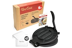 ‎UNO CASA Uno Casa Tortilla Presse 20 cm - Taco Presse, Hochleistungs-Gusseisen Tortilla Maker - Roti Maker Bonus 100 Stk. Pergamentpapier