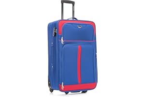 Aerostar Large 29” Lightweight Softshell Expandable Suitcase, Check in Luggage 2 Corner Wheels with Integrated Combination Lock (Blue/Red, 100 litres)