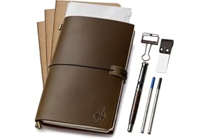 Wanderings A5 Travelers Notebook/Ręcznie Wykonany Skórzany Notes 22x15 cm – Wymienny Dziennik Podróżny Z Uchwytem na Długopis, Długopisem, 2 Wkładami, Folderem PVC I Klipsem do Papieru