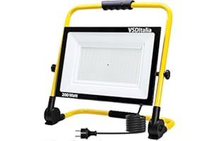 VSDITALIA ELETTROWATT - Faro LED da lavoro 200W, 16000 lm, luce bianca 4000K - portatile, impermeabile, supporto pieghevole, per uso interno ed esterno, officina, giardino, cantiere, garage, imbianchino
