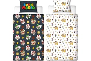 CHARACTER WORLD Oficjalny zestaw pościeli Nintendo Super Mario, z motywem Mario, Luigi i Bowser, czarna, dwustronna, dwustronna, oficjalny produkt, w tym pasująca poszewka na poduszkę