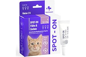 Vetasan Spot-ON für Katzen 1,5-4kg (S) | gegen Flöhe & Zecken | 3 Monate Schutz | ohne Chemie | Zeckenmittel für Katzen | Floh- und Zeckenschutz für Katzen