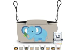 GRINSEZWERGE Kinderwagen Organizer 12 Motive mit Feuchttuchspender I Kinderwagen Tasche mit Schultergurt I Kinder Buggy Organizer I Kinderwagentasche Aufbewahrungstasche Baby Stroller Bag grau Elefant
