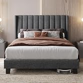 Yaheetech Upholstered Double Bed 140 x 200 cm with Slatted Base with Modern Striped Headboard Wood and Metal Frame Bed Frame