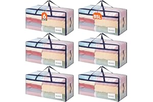Lifewit Juego de 6 Bolsas Almacenaje Ropa 90 L, Bolsas Mudanza Grandes con Asas, Cajas Mudanza Plegables para Edredones, Mantas, Ropa, Transparente