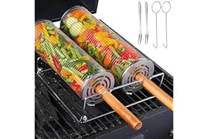 LUXVARA Grilloir en Acier Inoxydable 2 Pièces, Panier de Grillade Tournant Cylindrique avec Poignée en Bois Amovible - Accessoire BBQ pour Grill Extérieur, Camping - Légumes, Poisson, Viande, Fruits de Mer