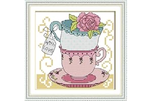 LECZANY Kit Punto a Croce 11CT Tessuto Stampato 18x18cm Kit Ricamo Fai da te Ingresso emplice - Stampa Per Ragazze Artigianato Articoli DMC Ricamo - Tazza da tè due